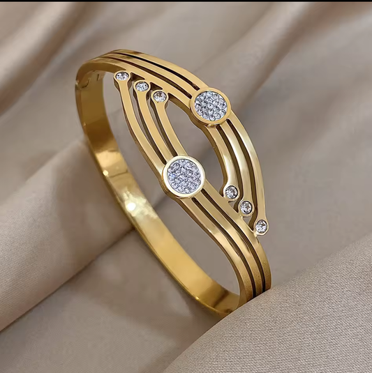Bracelet en acier inoxydable manchette moderne doré avec cristaux scintillants